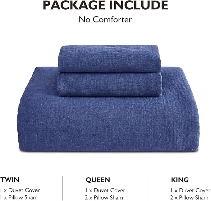 EMME Muslin Cotton Duvet Cover Set Navy Queen Size Linen Like Soft Breathable Lightweight Summer Comforter Cover Set with Zipper Closure (Navy, Queen, 90"x90")
