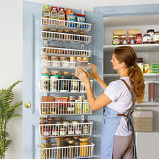 White 9-Tier Over The Door Pantry Organizer, Pantry Organization and Storage, Deep Baskets Hanging Heavy-Duty Metal, Wall Spice Rack Seasoning Shelves for Home & Kitchen, Laundry Room Bathroom