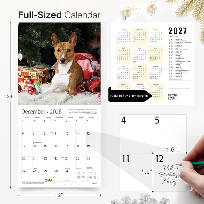 RED EMBER Basenjis 2026 Wall Calendar 12 Month | 12" x 24" Open | Thick & Sturdy Paper | Holiday Gift | Cute Puppy Dog Calendar 2026
