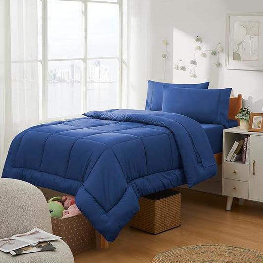 Dorm Room Essentials College Bedding Comforter Set 5 Piece Twin Size Bed in a Bag for College Students Boys and Girls, Twin, Royal Blue