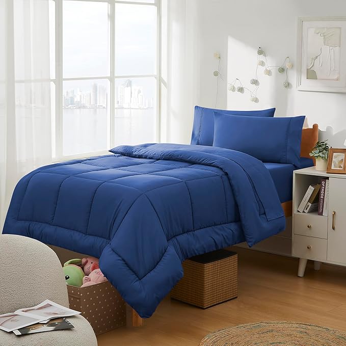 Dorm Room Essentials College Bedding Comforter Set 7 Piece Full Size Bed in a Bag for College Students Boys and Girls, Full, Royal Blue