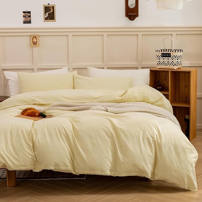 ECOCOTT Duvet Cover Set, 100% Washed Cotton Linen-Like Soft & Breathable, Durable Comfy Bedding Set for All Seasons (Light Yellow, Queen)