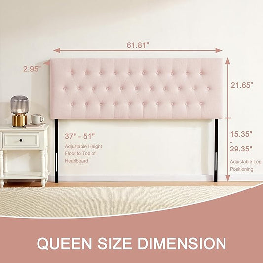 Tufted Upholstered Headboard Queen Size, Solid Wood Head Board with Durable Metal Legs, Adjustable Height Bed headboard from 37” to 51” Fabric Headboard in Modern Button Design, Pink