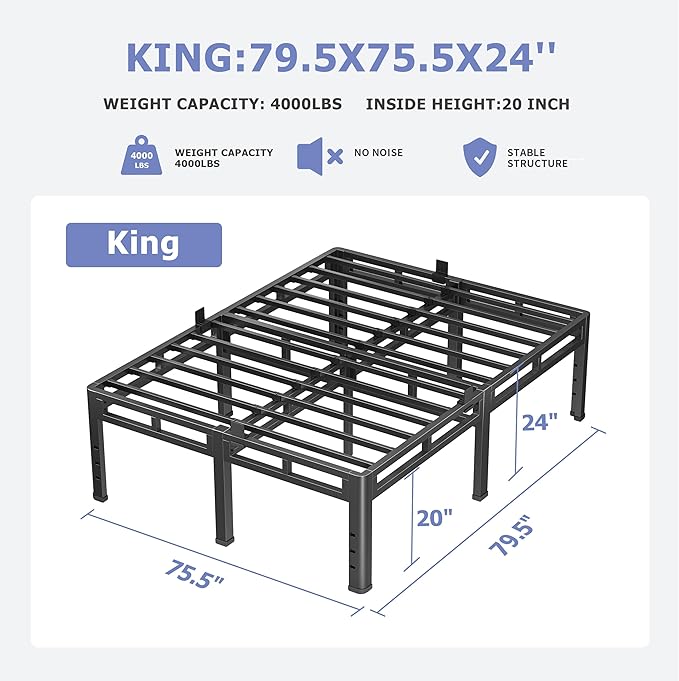 NKZ 24 Inch King Size Bed Frame, Metal Bed Frame & Box Spring 2 in 1 Platform with Round Corner Legs, 4000Lbs Heavy Duty Metal Frame, Mattress Slide Stopper, Headboard Hole, Noise-Free, Easy Assembly