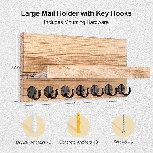 Key Holder Wall Mount, Entryway Key and Mail Holder with 7 Sturdy Hooks for Sunglasses, Dog Leash, Decorative Wall Shelf with Mounting Hardware, 15”W x 6.7”H x 4.2”D (Wood)