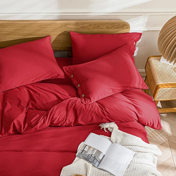 JELLYMONI Cotton Duvet Cover Twin Size - Crimson Red Comforter Cover with Button 100% Washed Cotton 2PCS Breathable Soft Solid Bedding Set Duvet Cover 68×90in & 1 Pillowcase (NO Comforter)