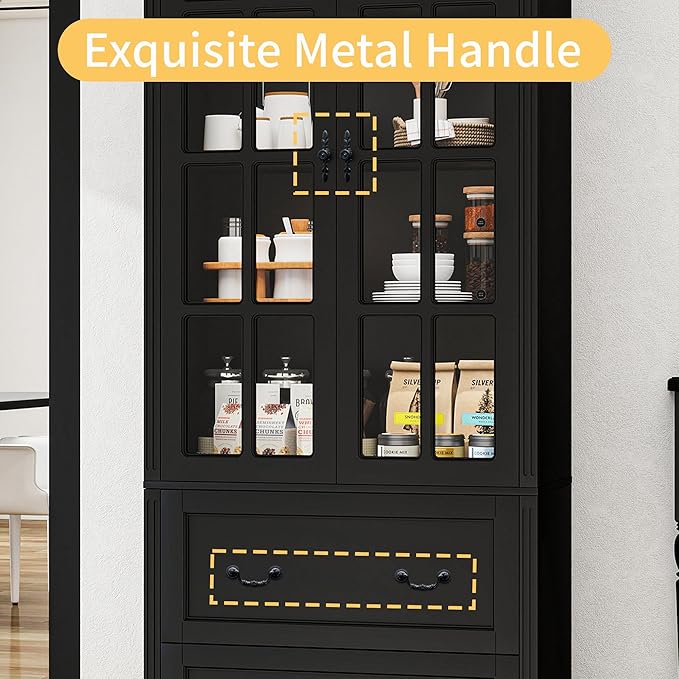 78.8" Tall Bookcase Display Storage Cabinet Hutch with Glass Doors & Drawers - Curio Display Bookshelf Kitchen Pantry for Home, Kitchen, Living Room.