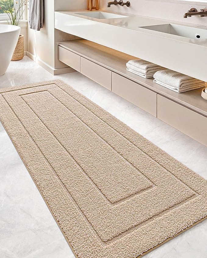 DEXI Bathroom Rug 72x24, Non Slip Washable Bath Mat Runner for Shower Floor, Extra Long Absorbent Soft Bathmat with Rubber Backing, Quick Dry Microfiber Carpet, Beige