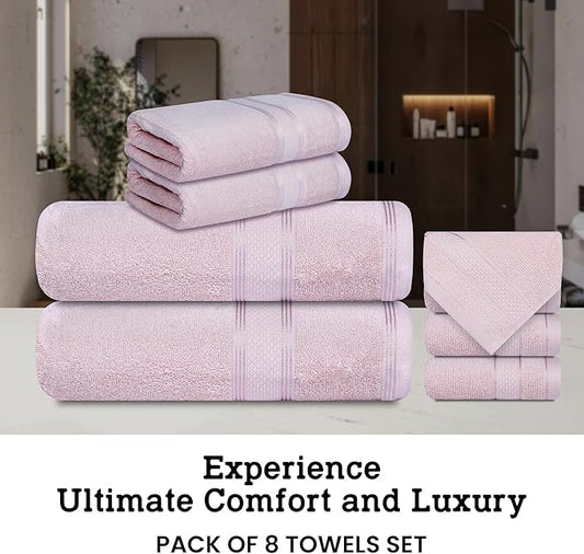 Casa Lino Bath Towel Set of 8 (2 Bath Towels, 4 Wash Cloths & 2 Hand Towels for Bathroom) - 100% Cotton - Highly Absorbent & Quick Dry - Guest Room Essentials for Bathroom Set - (Blush Pink)