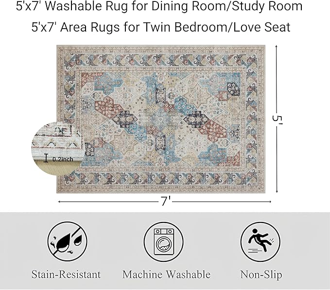 RCTJHOME 5'x7' Washable Area Rugs for loveseat Living Room/Twin Bedroom/Study Room, Modern Abstract Soft Carpet, Low Pile Floor Rug with Non Slip Backing for Dining Room Cream Beige Blue Colorful