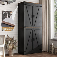 71in Farmhouse Kitchen Pantry Cabinet,Tall Storage Cabinet with 4 Doors and Adjustable shelves,with Load-Bearing Steel Pipe,Wood Storage Cabinets for Kitchen,Dining Room,Bathroom(Black)