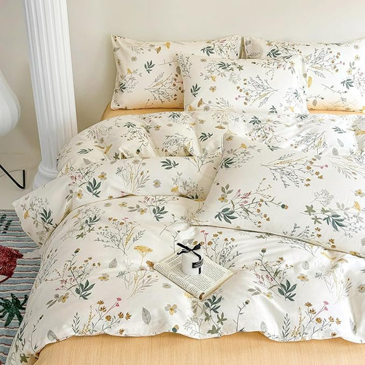 Cotton Duvet Cover King Botanical Bedding Set Yellow Floral Duvet Cover Set King Cottagecore Coquette Comforter Cover with Zipper,Garden Style Green Branches Bedding Duvet Cover Chic King 3 Piece