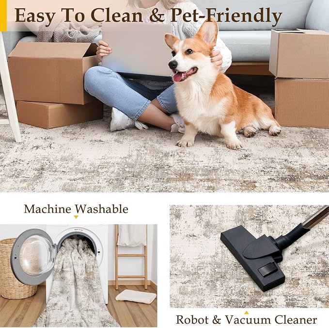 3x7 Washable Runner Rug Brown Grey Abstract Hallway Kitchen Throw Rug Neutral Modern Non Slip Soft Low Pile Carpet for Bathroom Laundry Bedroom Living Room