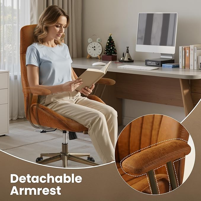 Home Office Desk Chair, Mid-Century Modern Office Chair with Adjustable Lumbar Support, Adjustable Height Executive Task Chair with 360 Rolling Swivel for Meeting Study Room(High Back, Brown)