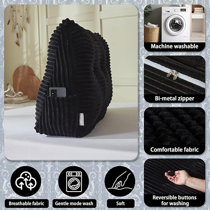Headboard Wedge Pillow + A Long Neck Roll Pillow Body Pillow，Large Headboard Pillow with Removable Cover (Black, King：76x8x20 inches)
