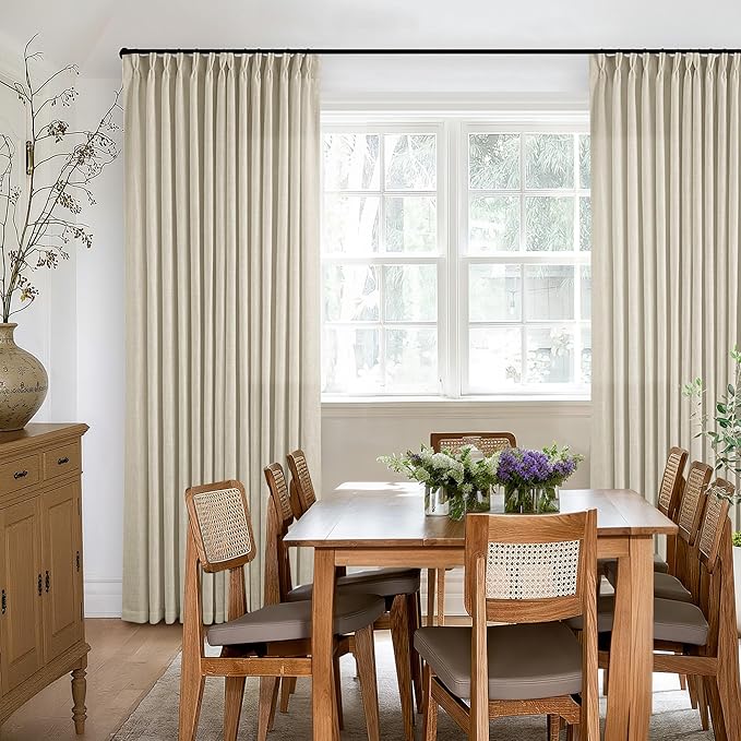 Beige Linen Pinch Pleated 120 Inch Curtains 2 Panels for Living Room Bedroom Memory Training Shape Semi Sheer Neutral Flax Pinch Pleat Drapes with Hooks Rings Light Filtering Window Curtain 40x120