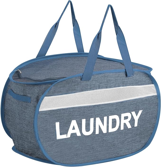 Collapsible Laundry Baskets with Lid, Foldable Clothes Hamper with Reinforced Handles, Sturdy Pop Up Hampers for Laundry, Tear Proof & Easy to Carry Laundry Hamper for Home, Dorm, Travel Blue