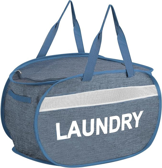 Collapsible Laundry Baskets with Lid, Foldable Clothes Hamper with Reinforced Handles, Sturdy Pop Up Hampers for Laundry, Tear Proof & Easy to Carry Laundry Hamper for Home, Dorm, Travel Blue