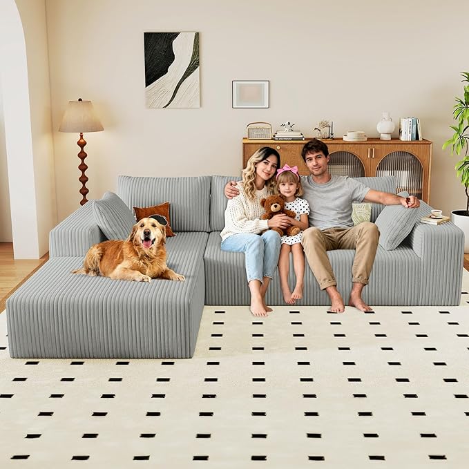 96" Modular Sectional Couch, Boneless L Shaped Cloud Sofa with Chaise Lounge, Corduroy Upholstered Couches Memory Foam Deep Seat, No Assembly Required, Ideal for Living Room(Light Gray, Left Facing)