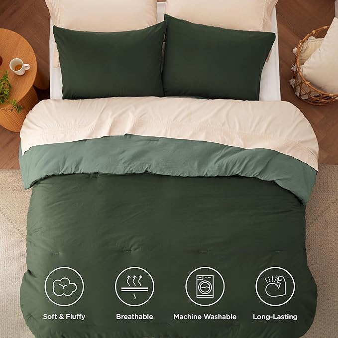 Bedsure Queen Size Comforter Set, Reversible Dark Green Soft Prewashed Bedding for All Seasons, 3 Pieces Warm Down Alternative Bed Set, 1 Lightweight Comforter (90"x90") and 2 Pillowcases (20"x26")