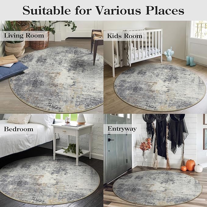 Lahome Modern Abstract Round Rug - 3Ft Small Washable Kitchen Round Area Rug Bedroom 3x3 Circle Mat, Soft Low Pile Non Slip Indoor Throw Carpet for Cabinet Bathroom Home Office, Grey
