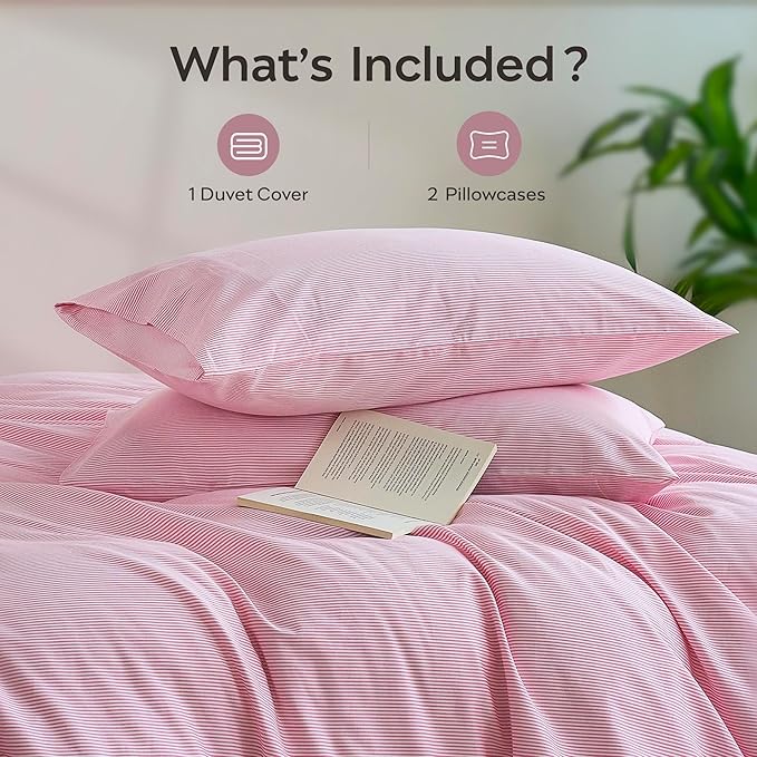 JELLYMONI 100% Natural Cotton 3pcs Striped Duvet Cover Sets,White with Pink Stripes Pattern Printed Comforter Cover,with Zipper Closure & Corner Ties(Queen Size)