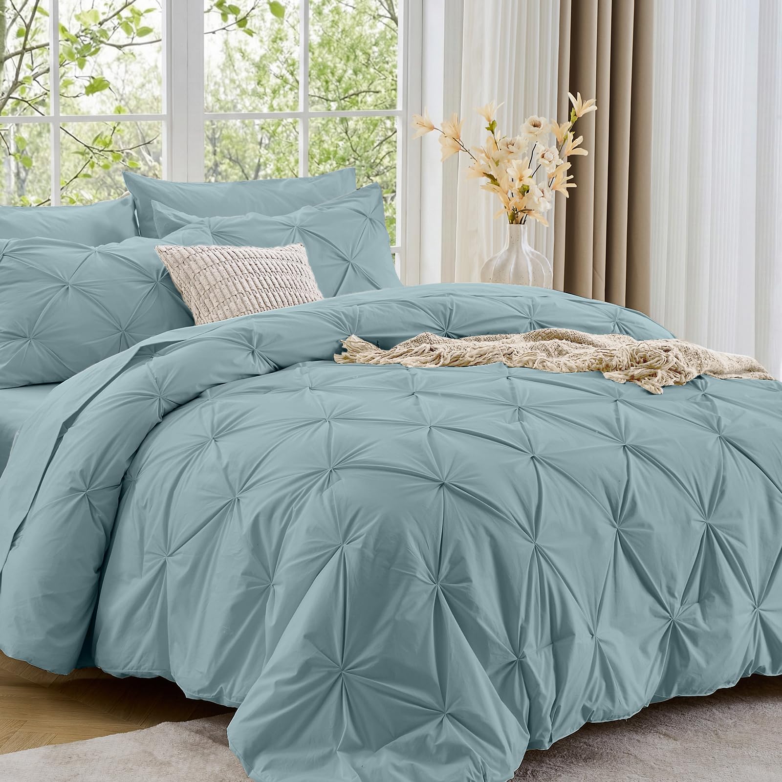 Sasttie Twin XL Comforter Set, 5-Piece Bed in a Bag, Pintuck Bedding Sets for All Season, Includes Comforter, Flat Sheet, Fitted Sheet, Pillowcase and Pillowsham, Beige