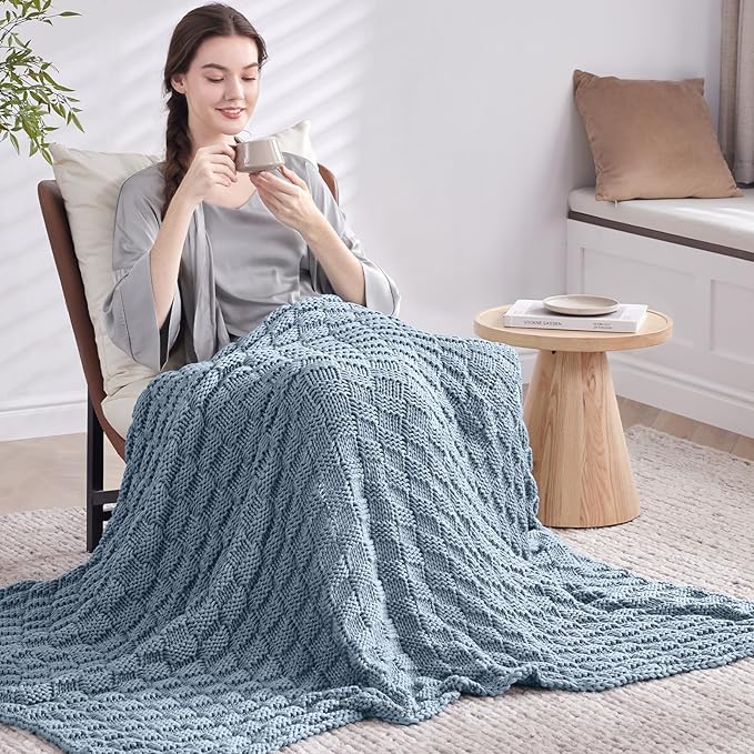 Knitted Weighted Blanket for Adult, No Beads Heavy Blanket 60” x 80'' 12lbs, Breathable Chunky Knit Blanket, Cooling Weighted Blanket for Hot Sleepers, Christmas Home Decor (Light Blue)