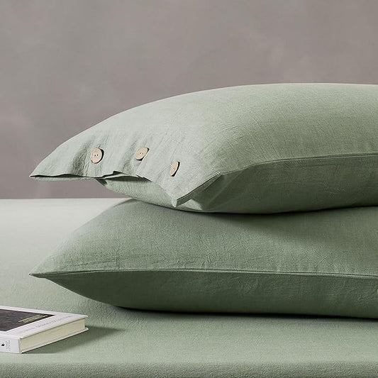 JELLYMONI 100% Washed Cotton King Pillowcases Set, 2 Pack Linen-Like Texture Breathable Pillow Covers with Button Closure,Pillows are not Included (King 20"×36", Sage Green)