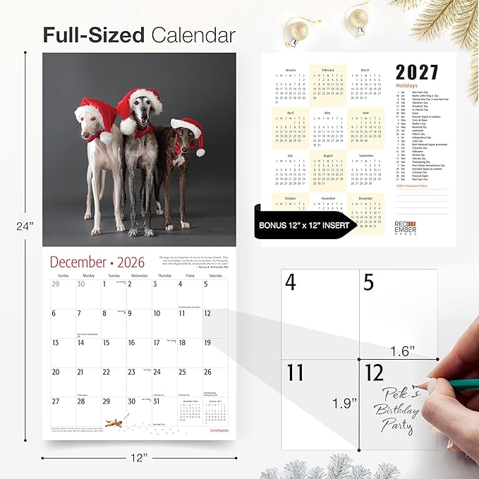 RED EMBER Greyhounds 2026 Wall Calendar 12 Month | 12" x 24" Open | Thick & Sturdy Paper | Holiday Gift | Cute Puppy Dog Calendar 2026
