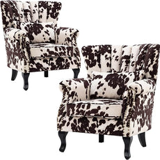 Cow Print Accent Chairs Set of 2 with Arm Comfy Velvet Living Room Chair Mid-Century Modern Wingback Side Chair Single Sofa Couch for Bedroom Guest Room