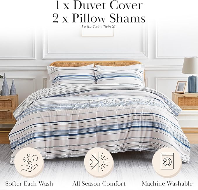Southshore Fine Living, Inc. Striped Duvet Cover Twin/Twin XL Set - Premium Quality Microfiber Twin Size Coastal Bedding Set, Easy Care - 1 Twin Duvet Cover, 1 Sham - Coastal Stripe Blue