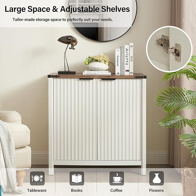 32 Fluted Sideboard Storage Cabinet Buffet - 7-Level Adjustable Shelves, Modern Farmhouse Rustic Kitchen Console Accent Cabinets, Coffee Bar Table for Dining Room (Antique White)