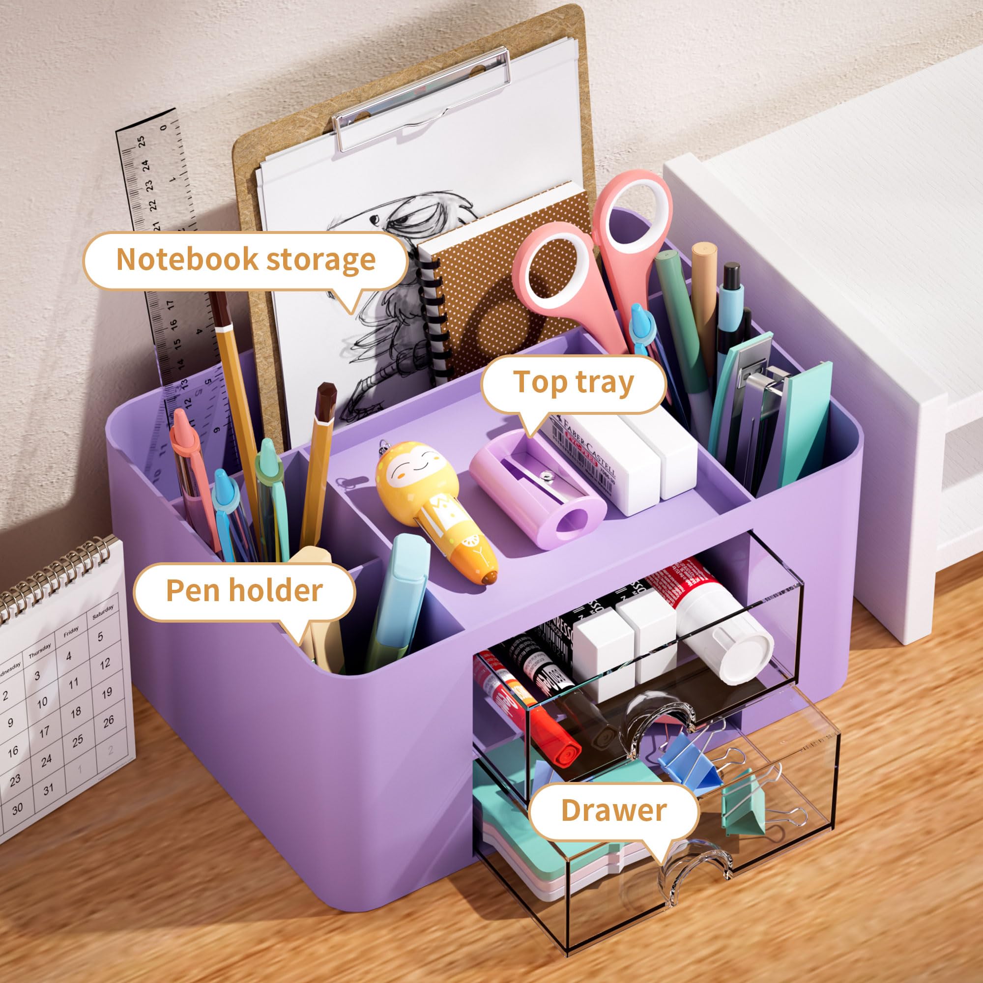 Marbrasse Pen Organizer with 2 Drawer, Multi-Functional Pencil Holder for Desk, Desk Organizers and Accessories with 5 Compartments + Drawer for Office Art Supplies (Blue) Dormly