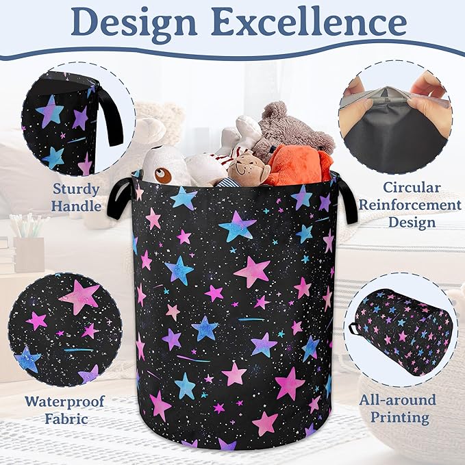 Blue Pink Stars Laundry Basket,Oxford Cloth Laundry Hamper With Handle Foldable Portable Clothes Storage Basket for Laundry Room/Bedroom/Bathroom 20.8"x16"