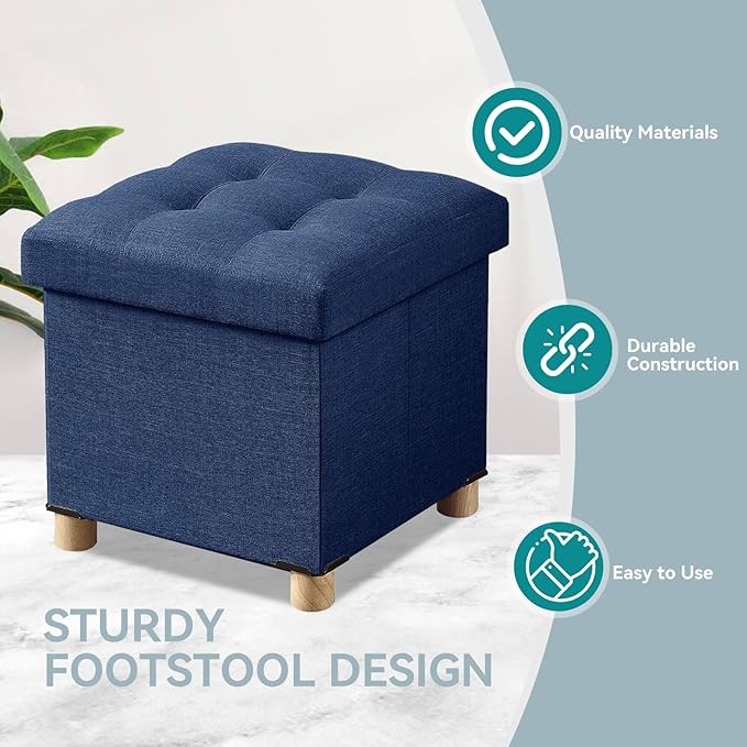 BRIAN & DANY Ottoman with Storage, Small Storage Ottoman for Dorm, Linen Folding Ottoman Foot Stool with Legs for Living Room and Bedroom, 14.8"x14.8"x16.1" - Blue