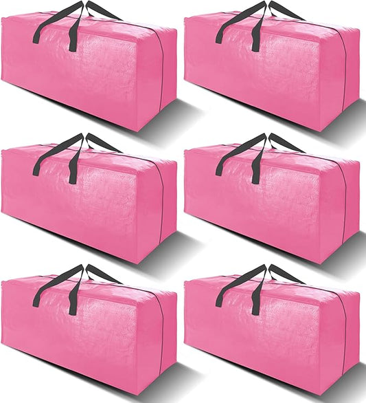 6 Pack Heavy Duty Large Moving Bags W/Backpack Straps - Strong Handles & Zippers, Storage Totes For Space Saving, Fold Flat, Alternative to Moving Box and Storage Bin, Pink