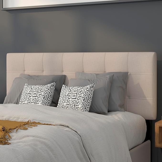 EMMA + OLIVER Quilted Tufted Upholstered Full Size Headboard in Beige Fabric