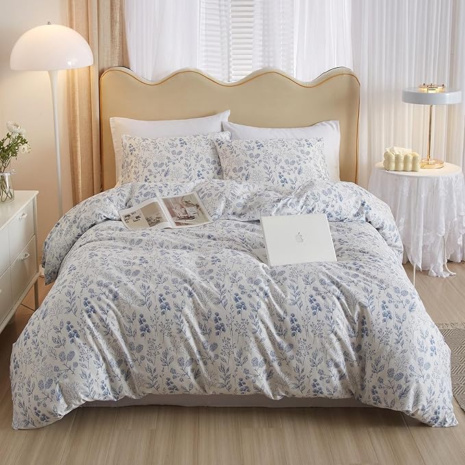 3 Pieces Duvet Cover Twin XL White Duvet Cover with Blue Floral Print,Coquette Bedding Soft Cotton Comforter Cover Boho Style,Aesthetic Twin XL Bedding Set with Zipper Closure 4 Ties,All Season