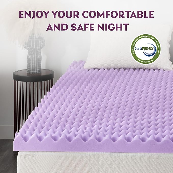 4 Inch Egg Crate King Memory Foam Mattress Topper, Lavender Scent Gel Infused Foam Mattress Topper for Pressure Relief, CertiPUR-US Certified King Bed Topper, Purple, 76"×80"