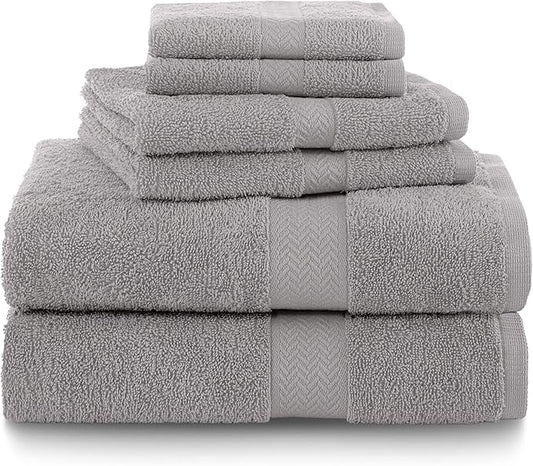 6-Piece Luxury 100% Cotton Towel Set | Quick Dry | Super Absorbent | Super Soft 100% Ringspun Cotton Towels | 2 Bath Towels | 2 Hand Towels | 2 Wash Cloths | Silver