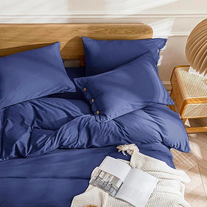 JELLYMONI Cotton Duvet Cover King Size - Navy Blue Comforter Cover with Button 100% Washed Cotton 3PCS Breathable Soft Solid Bedding Set Duvet Cover 104×90in & 2 Pillowcases (NO Comforter)