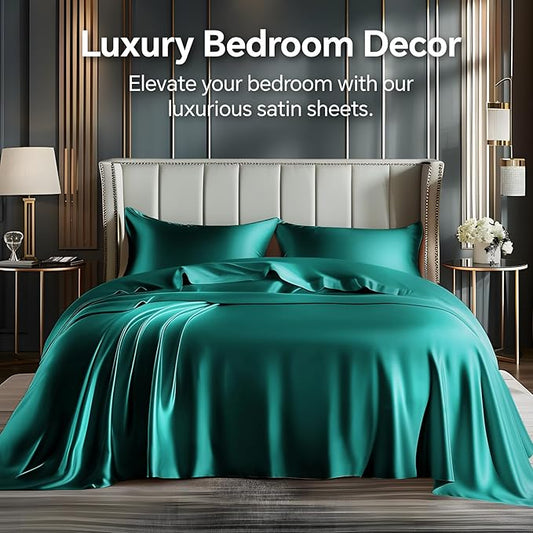 BEDELITE King Size Sheets Set, Luxury Soft Teal Satin Sheets for Hair and Skin, Similar to Silk Bed Sheets Set 4 Pieces with 1 Deep Pocket Fitted Sheet, 1 Flat Sheet, and 2 Pillowcases