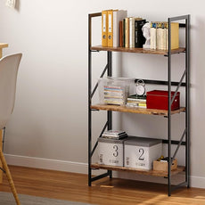 JSB No Assembly Folding Bookshelf, 3 Tier Industrial Metal Book Shelf for Storage, Vintage Wood Foldable Bookcase for Living Room, Bedroom, Office Organization Shelves