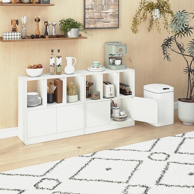 GOFLAME 3 Cube Bookcase with Doors, 3-Tier Cubby Book Shelf with 3 Open Compartments, Cabinet, Wooden Small Display Shelf, Freestanding Cubic Storage Organizer for Living Room, Study (1,White)