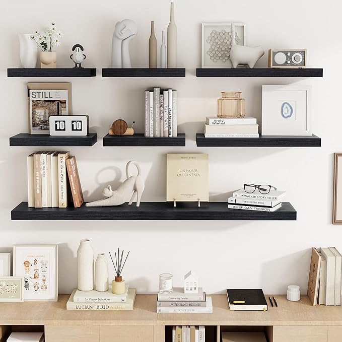40 Inch Floating Shelves, 3D Textured Wood Grain, 40"x9.25"x1.5" Inch Deep Floating Shelves for Wall, Wooden Shelves for Bathroom, Bedroom, Living Room, Black, 1 Piece