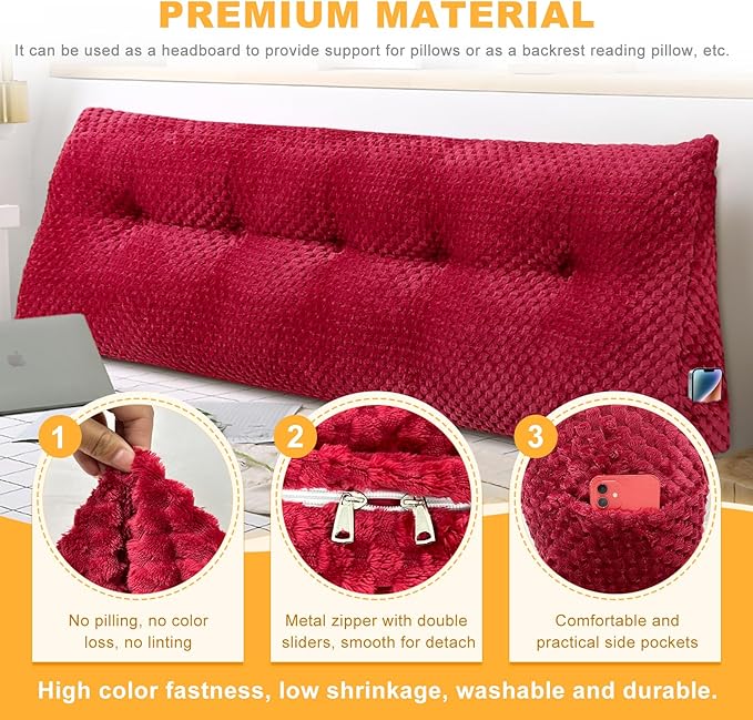 Large Triangular Headboard Wedge Pillow Soft and Supportive Headboard Backrest Positioning Support Bolster Cushion, Bed Wedge Pillow with Removable Cover(Wine Red,Cal King,71x8x20inch)