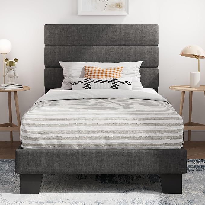 SHA CERLIN Twin Platform Bed Frame with Upholstered Fabric Headboard, Mattress Foundation with Strong Wooden Slats Support, No Box Spring Needed, Grey