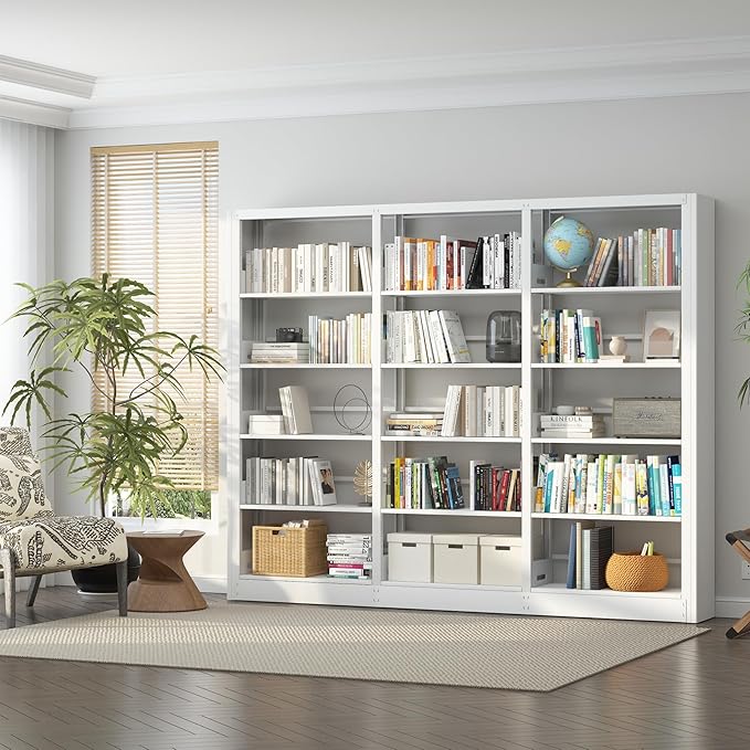 Industrial 5-Tier White Metal Bookshelf - Tall Freestanding Organizer for Living Room, Bedroom & Home Office