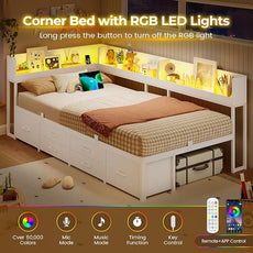 VIAGDO Corner Bed Frame with Storage Bookcase and 6 Drawers, Twin XL Metal Platform Corner Bed Frame with LED Lights and Charging Station, Twin XL Daybed for Kids Teenagers, White